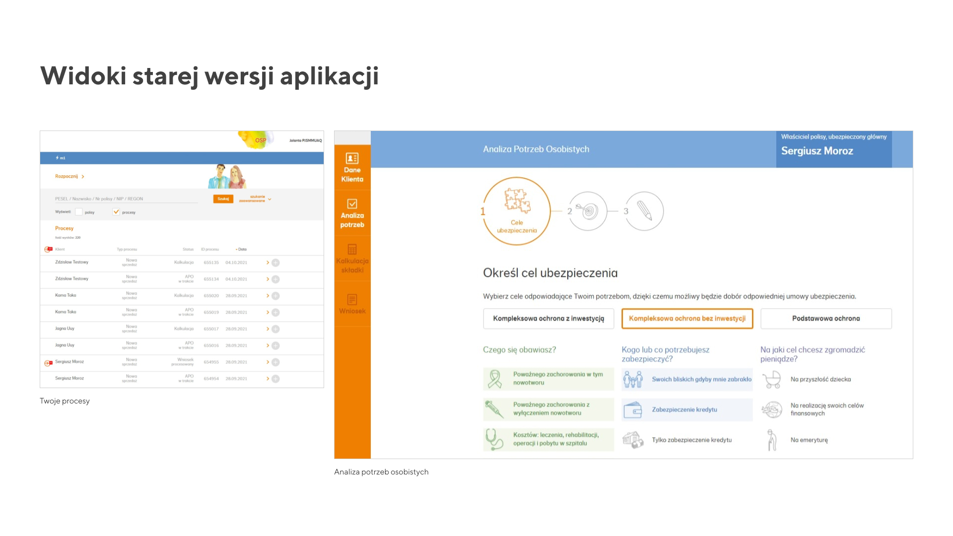 Widok kilku ekranów starej aplikacji